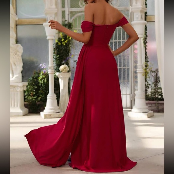 Luxe off shoulder draped hem slit thigh party formal prom wedding gown dress - Picture 9 of 16